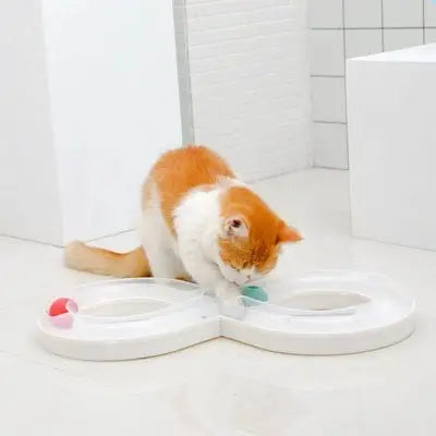 Jouet pour chat à double boucle blanche avec chat roux près des pions colorés