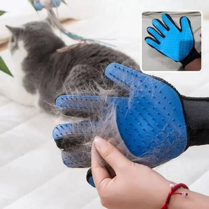 Gant-brosse pour chat bleu à picots silicone, main brossant un chat gris, sangle noire.