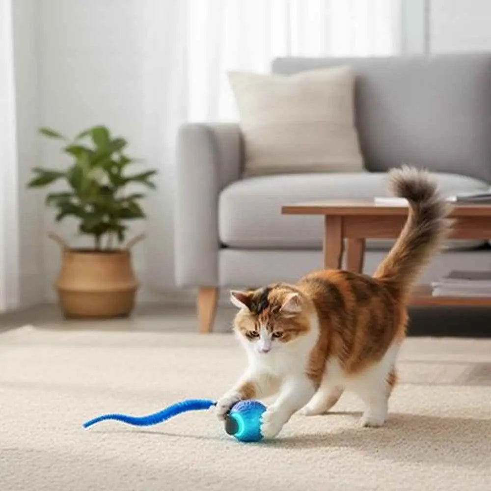 Balle interactive de chat Autonome bleue, queue souple et lumière au centre