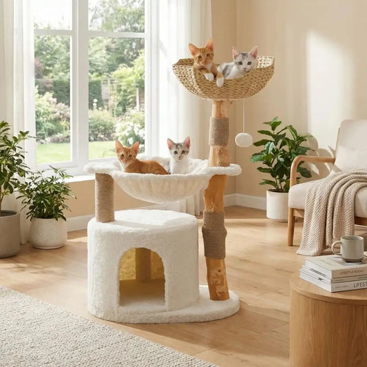 Arbre à chat : hamac en corde tressée, plateformes et perchoir en tissu blanc.
