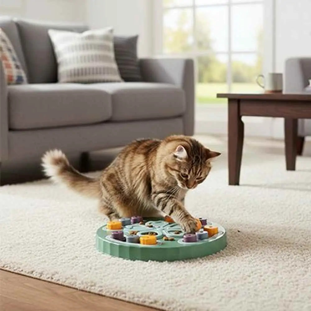Plateau repas circulaire pour jouet de chat, base verte et pièces orange, violette