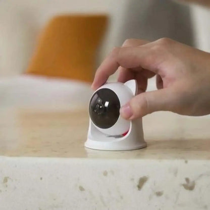 Jouet interactif pour chat blanc avec tête ronde noire, tenu par une main.
