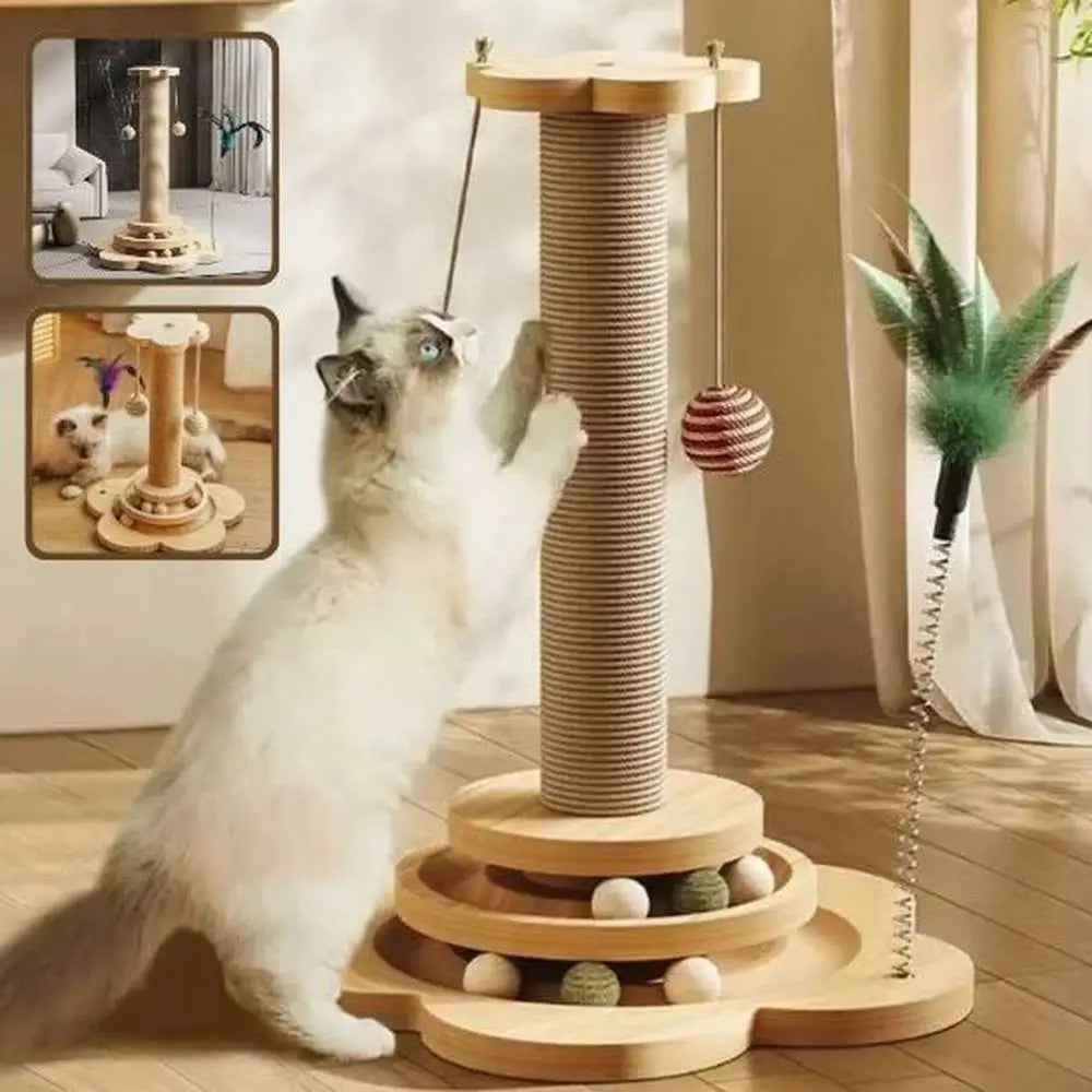 Tour de griffoir pour chat en bois clair, poteau en sisal, jouet suspendu et base à niveaux
