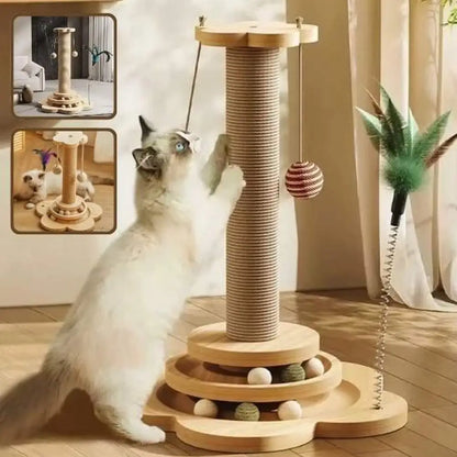 Tour de griffoir pour chat en bois clair, poteau en sisal, jouet suspendu et base à niveaux