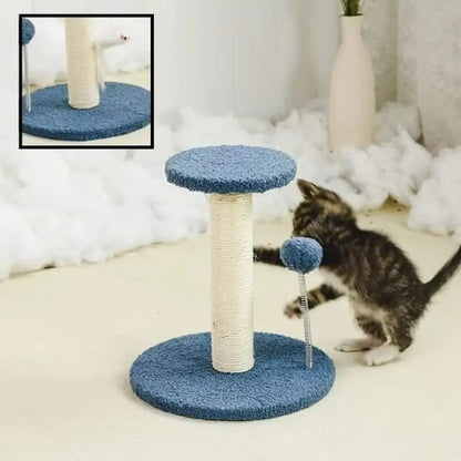 Griffoir pour chat ProtectoFelin base ronde bleue, poteau en sisal et balle grise suspendue