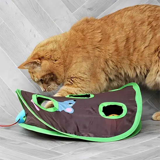 Tente pliable pour chat brune à bord vert, ouverte avec trou rond et jeu souris