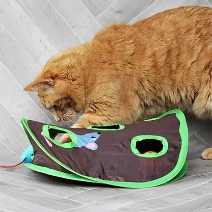 Tente pliable pour chat brune à bord vert, ouverte avec trou rond et jeu souris