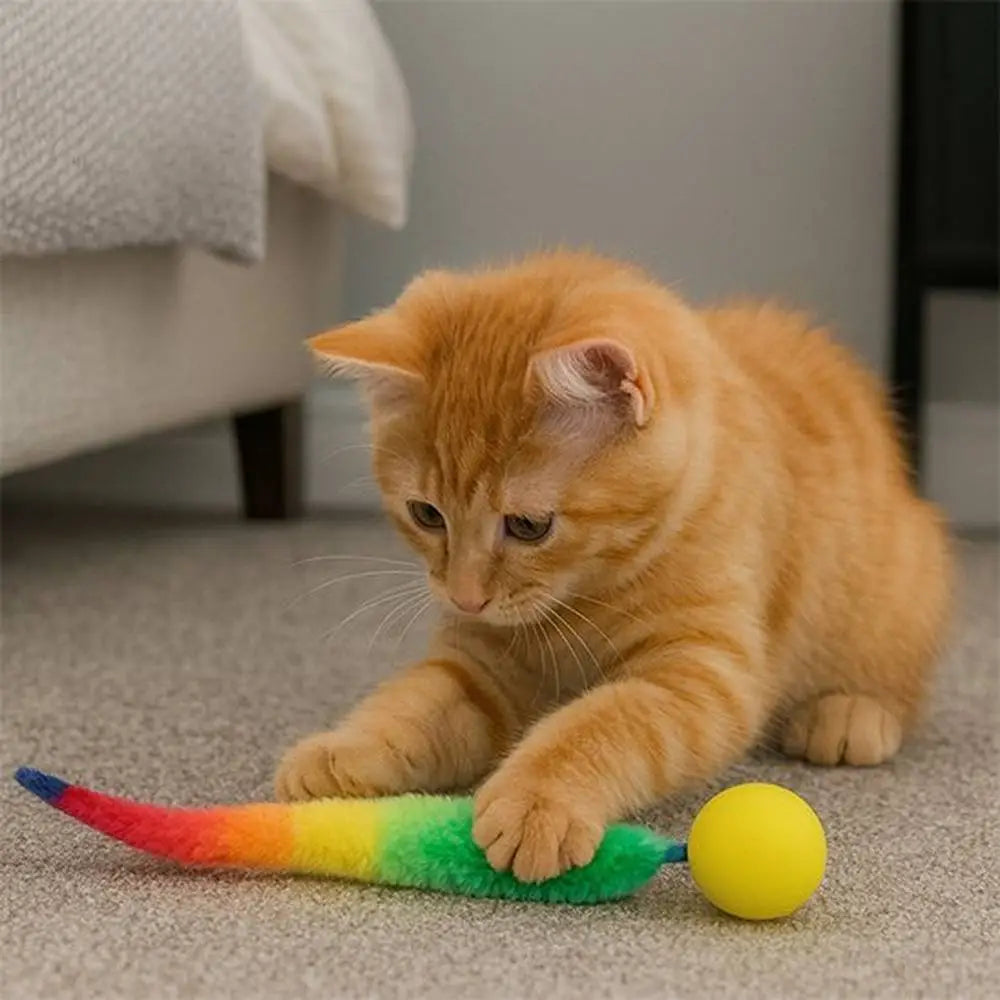 Jouet pour chat interactif FelinActive : bâton peluche arc-en-ciel et balle jaune.