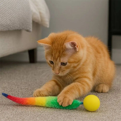 Jouet pour chat interactif FelinActive : bâton peluche arc-en-ciel et balle jaune.