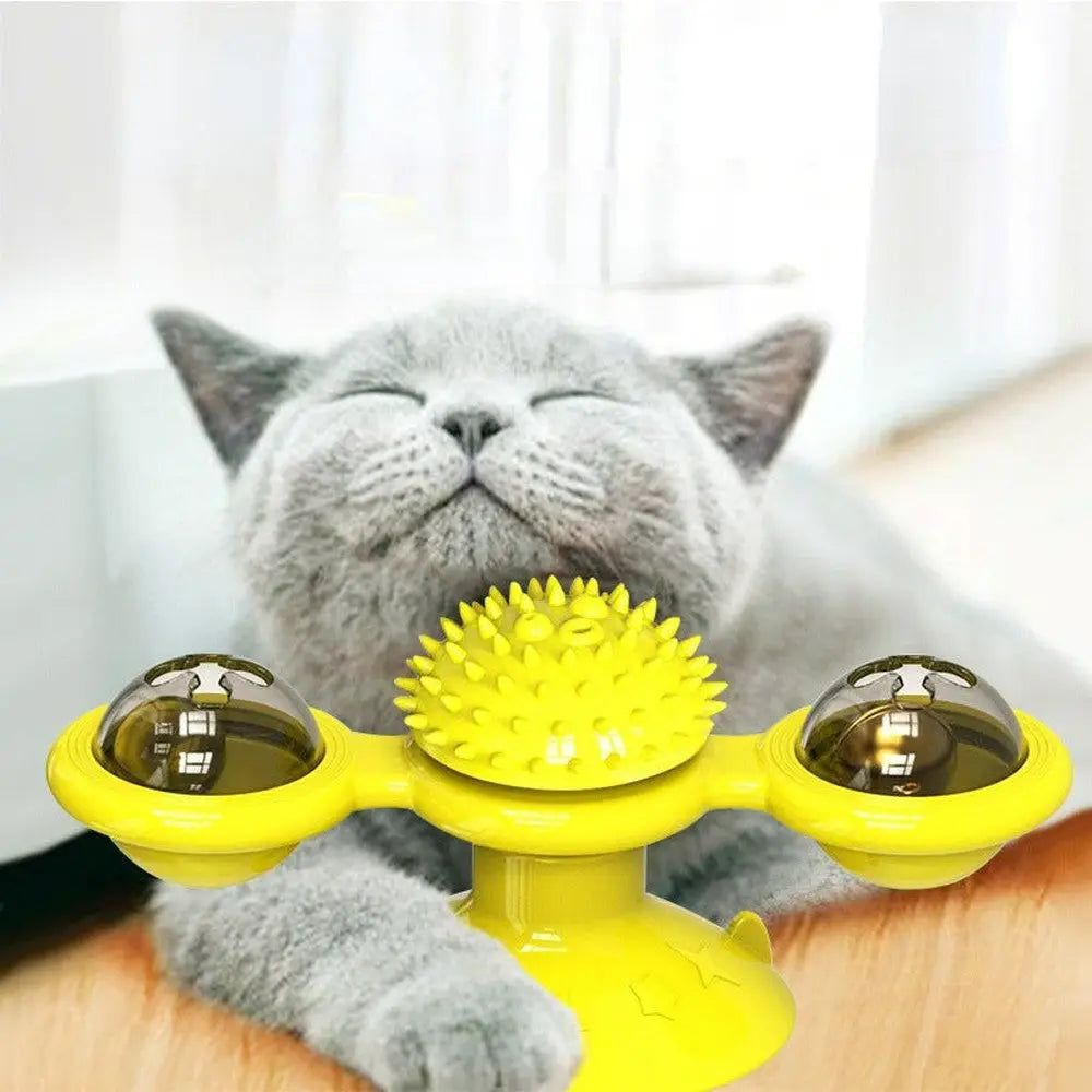 Moulin à vent pour chat, jouet jaune à pics et deux coupelles transparentes