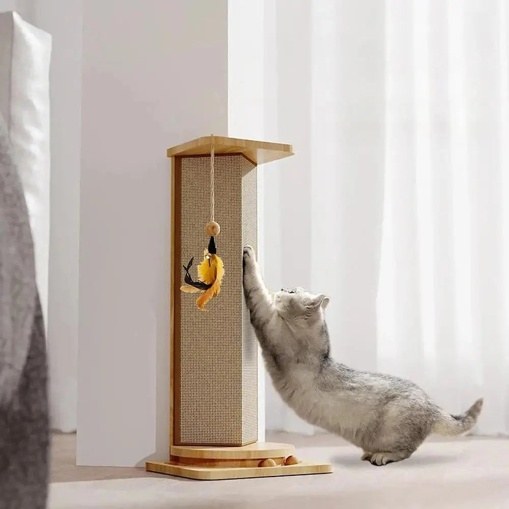 Griffoir pour chat CatScratcherPost™ marron avec colonne en sisal et jouet, chat gris
