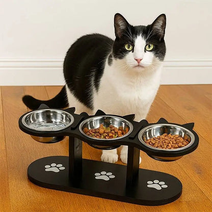 Gamelle chat surélevée DigiConfort, 3 bols inox sur support noir avec motifs pattes