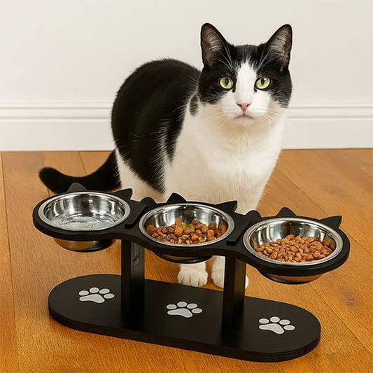 Gamelle chat surélevée DigiConfort, 3 bols inox sur support noir avec motifs pattes