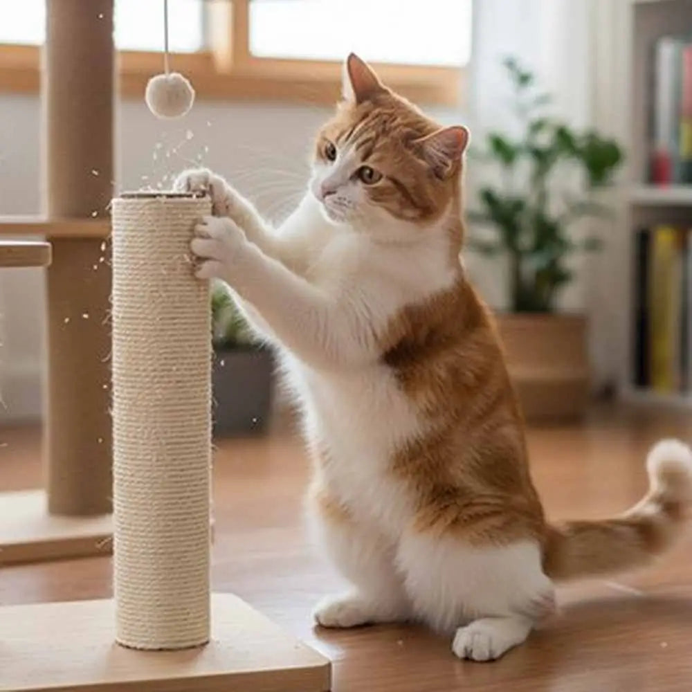 Griffoir pour chat, poteau cylindrique en sisal beige avec plateau et sommet.