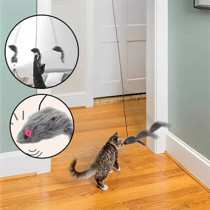 Jouet pour chat interactif: souris grise au nez rose, queue mobile