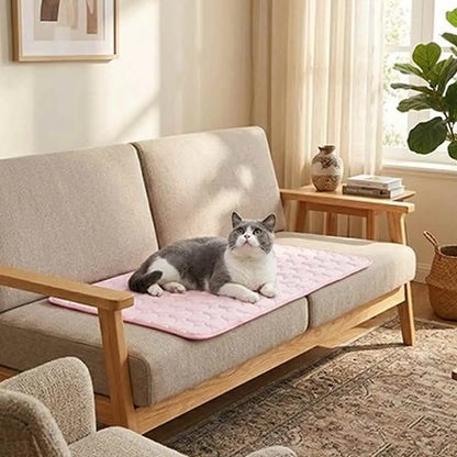 Tapis rafraîchissant rose à relief pour chat, avec chat gris allongé