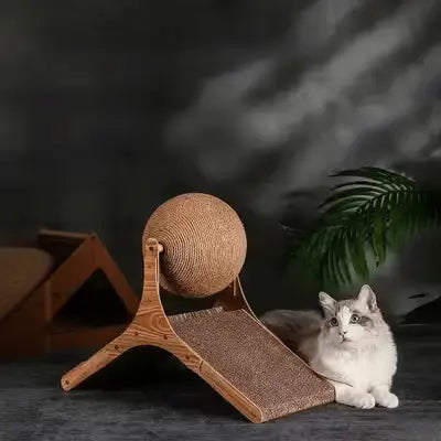Griffoir pour chat : boule en sisal beige et base inclinée en bois, avec chat assis