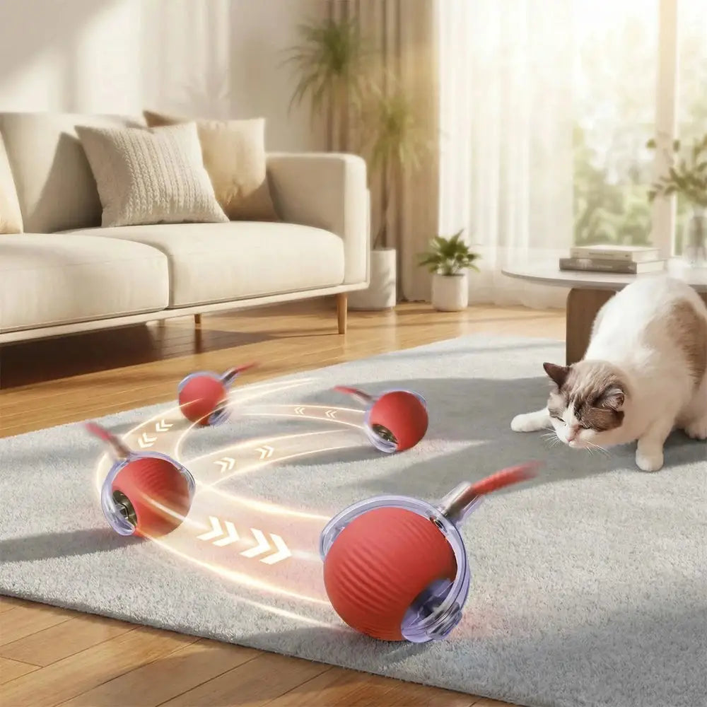 Jouet balle interactive FélinJoy avec tubes transparents et embouts rouges, chat sur tapis
