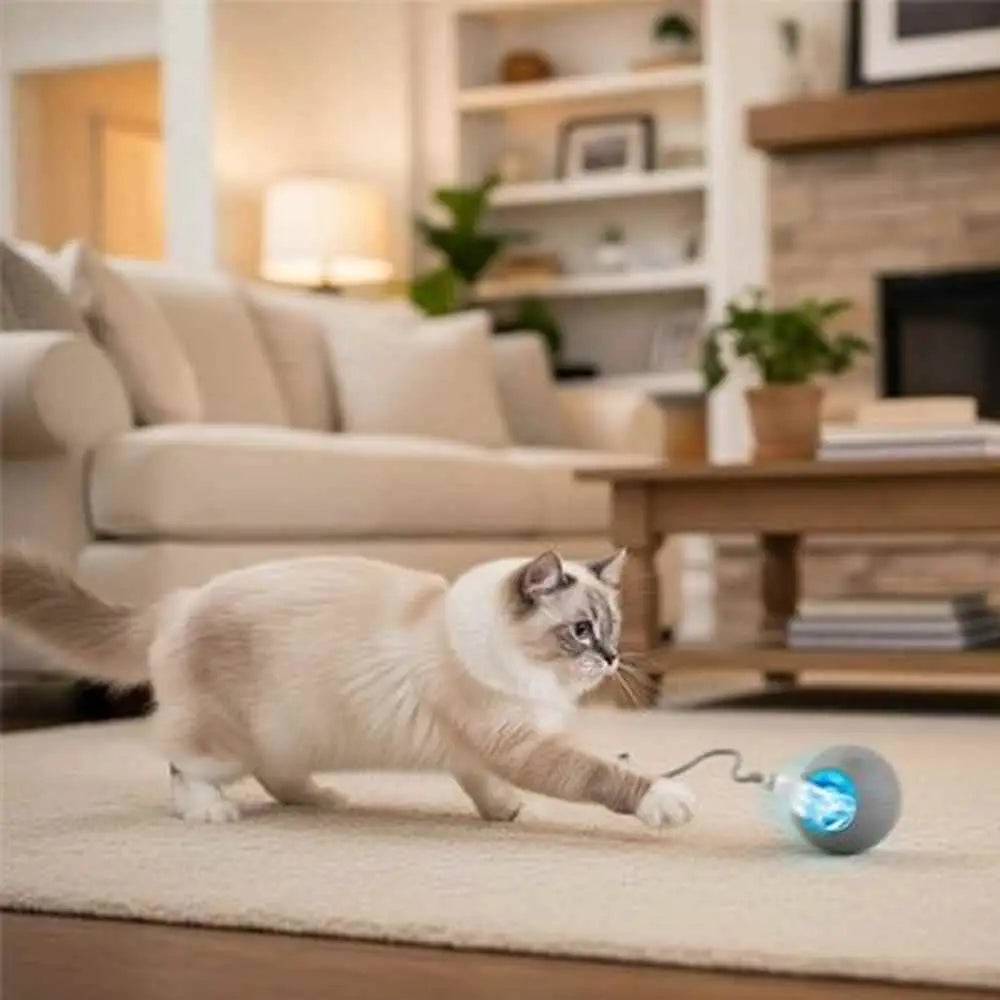 Balle interactive FélinJoy à lumière bleue, chat blanc jouant sur tapis clair