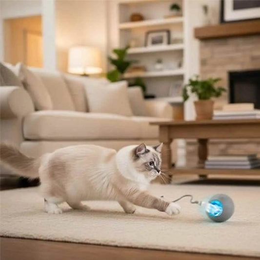 Balle interactive FélinJoy à lumière bleue, chat blanc jouant sur tapis clair