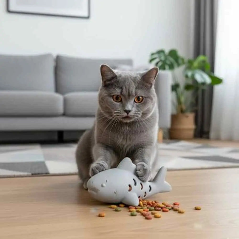 Jeu pour chat en forme de poisson blanc, jouet en mousse au sol avec un chat.