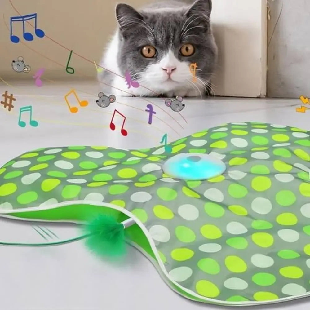 Tapis de jeu interactif pour chat vert à pois, disque lumineux bleu sur la surface