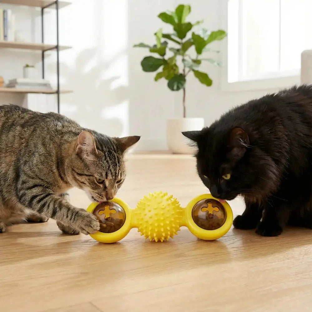 Moulin à vent pour chat, jouet jaune avec pics et deux coupelles transparentes
