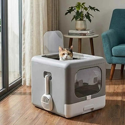 Bac à litière pour chat fermé, chat dans la cabine avec porte vitrée
