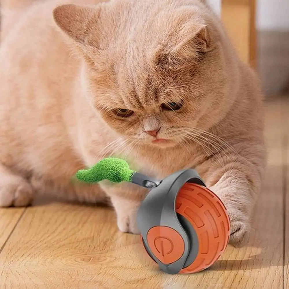 Balle interactive pour chat rouge et grise avec languette verte