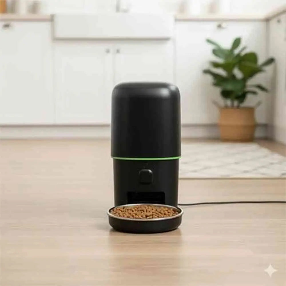 Distributeur automatique de croquettes pour chat noir au sol, bol rempli
