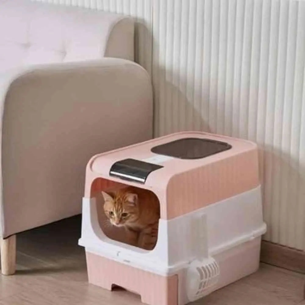 Bac à litière chat vertical anti-odeurs rose/blanc, entrée latérale.