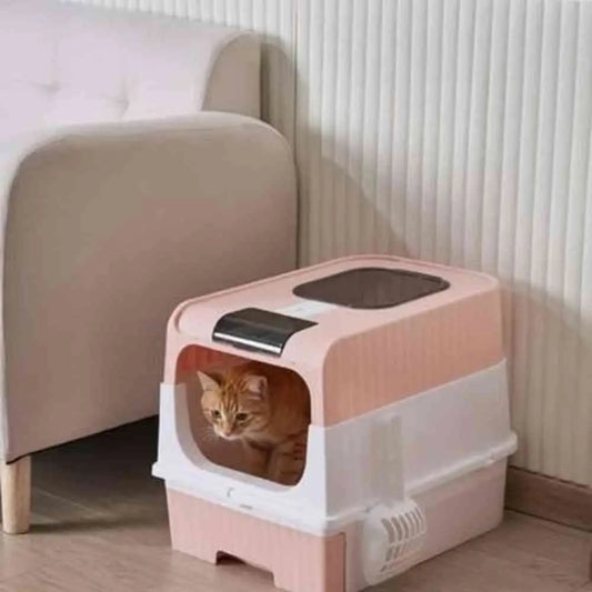 Bac à litière chat vertical anti-odeurs rose/blanc, entrée latérale.