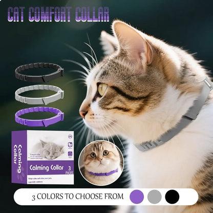 Collier anti-stress pour chat gris, avec options violet, gris et noir indiquées.
