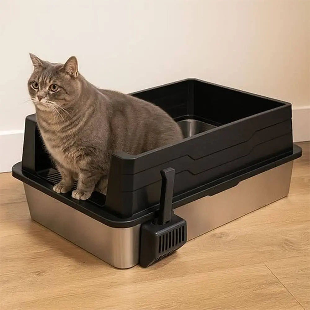 Bac à litière pour chat CleanControl, base beige et couvercle ouvert, chat gris