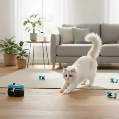 Jouet pour chat Stimul'Active bleu-noir, accessoires près du chat blanc debout