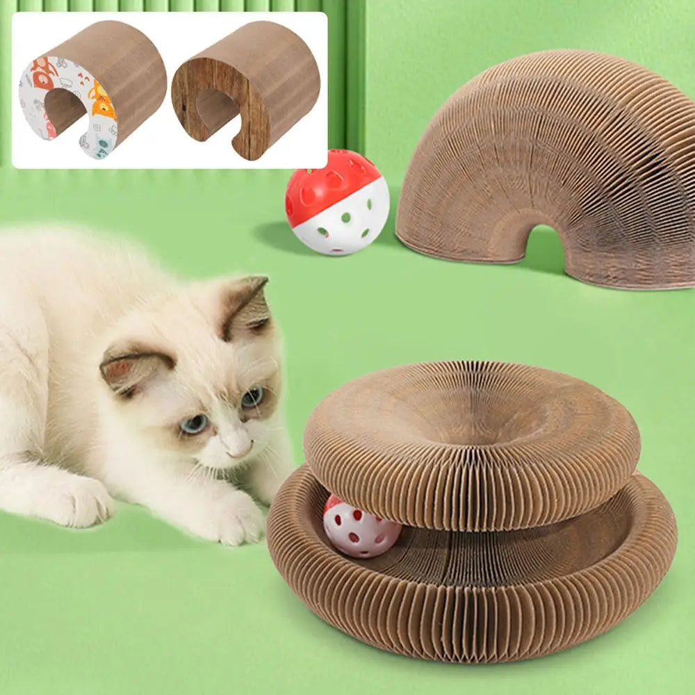 Jouet pour chat en carton ondulé brun, forme transformable et bille rouge-blanche