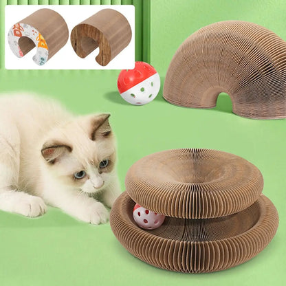Jouet pour chat en carton ondulé brun, forme transformable et bille rouge-blanche