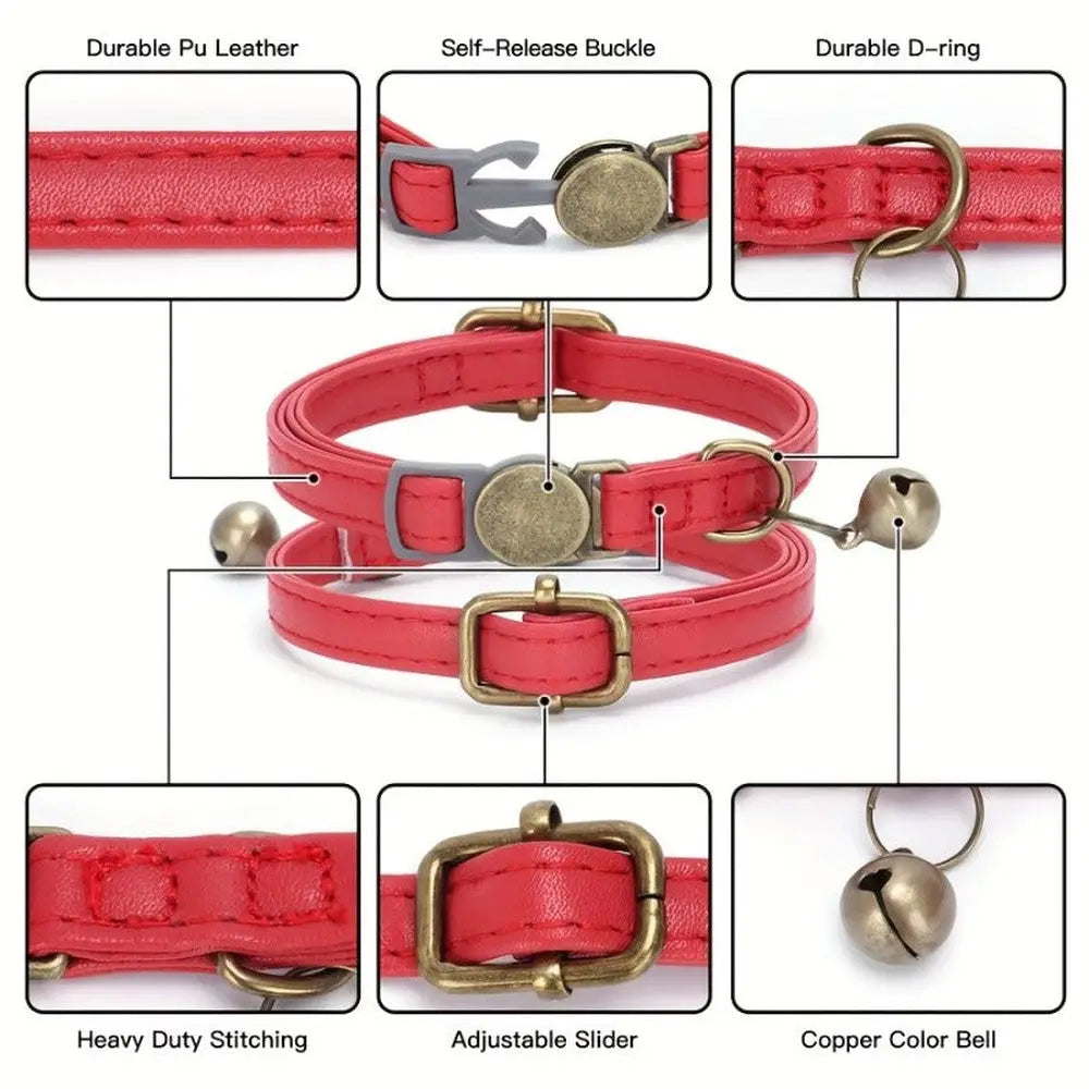 Collier pour chat rouge en cuir PU avec boucle réglable, anneau D et clochette