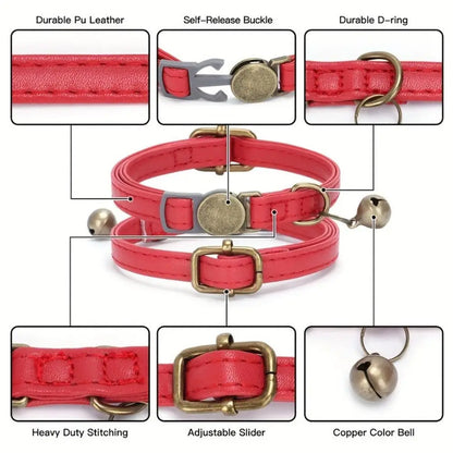 Collier pour chat rouge en cuir PU avec boucle réglable, anneau D et clochette