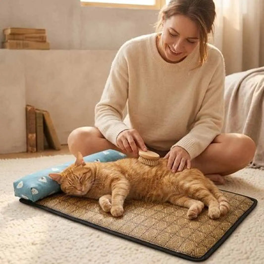 Tapis rafraîchissant pour chat avec coussin bleu et bords noirs, chat tigré allongé