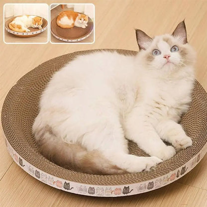 Griffoir pour chat en forme de bol, vue latérale, sisal brun, bord imprimé de chats.