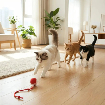 Balle interactive rouge pour chat avec cordelette et insert transparent