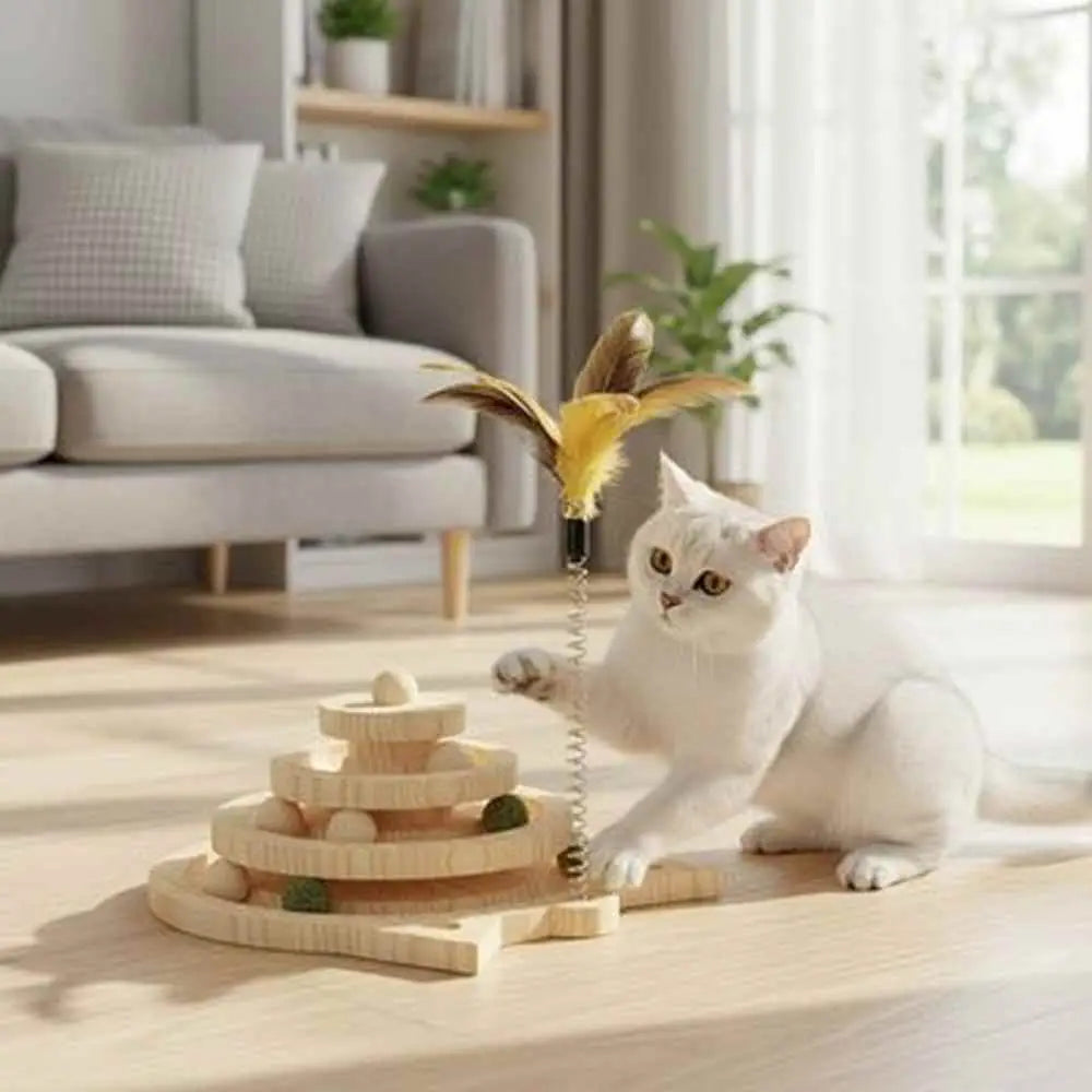 Jouet pour chat Plumes Interactives : canne à plume multicolore sur ressort, plateau en bois.