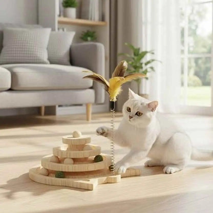 Jouet pour chat Plumes Interactives : canne à plume multicolore sur ressort, plateau en bois.