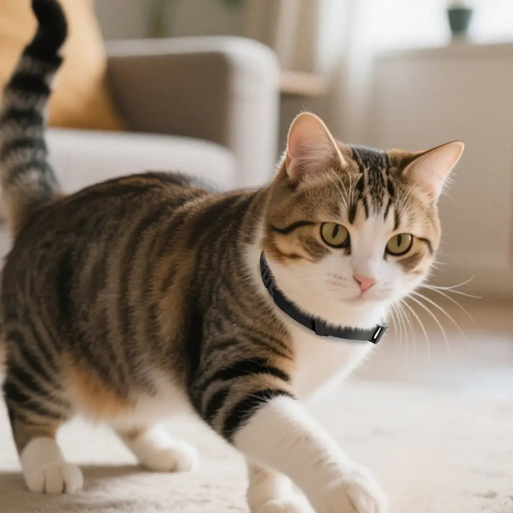Collier anti-stress pour chat, tour de cou noir à pastilles et boucle d’attache.