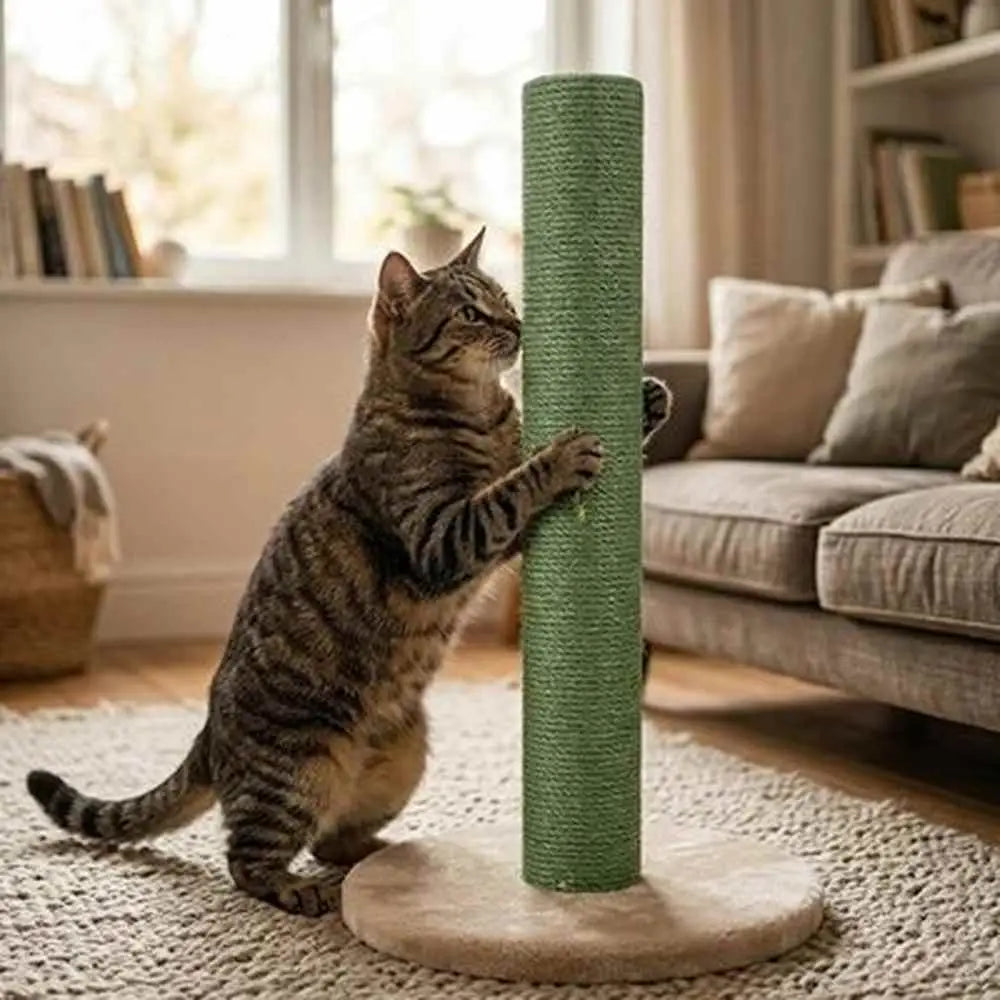 Griffoir pour chat vert en sisal avec base ronde en bois, poteau vertical.