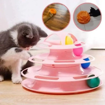 Jouet pour chat circuit de balles 3 niveaux rose avec billes colorées, trois plateaux