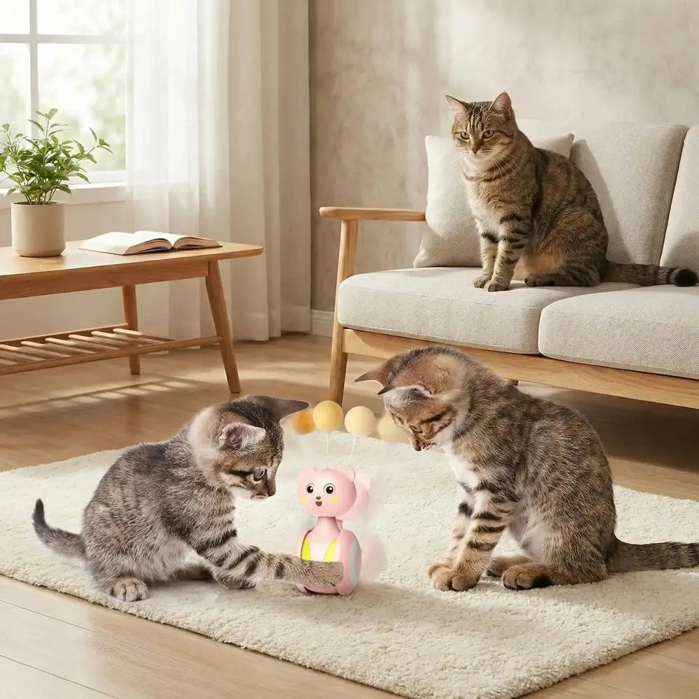 Jeu interactif pour chat : jouet rose au sol avec boules jaunes et blanches.