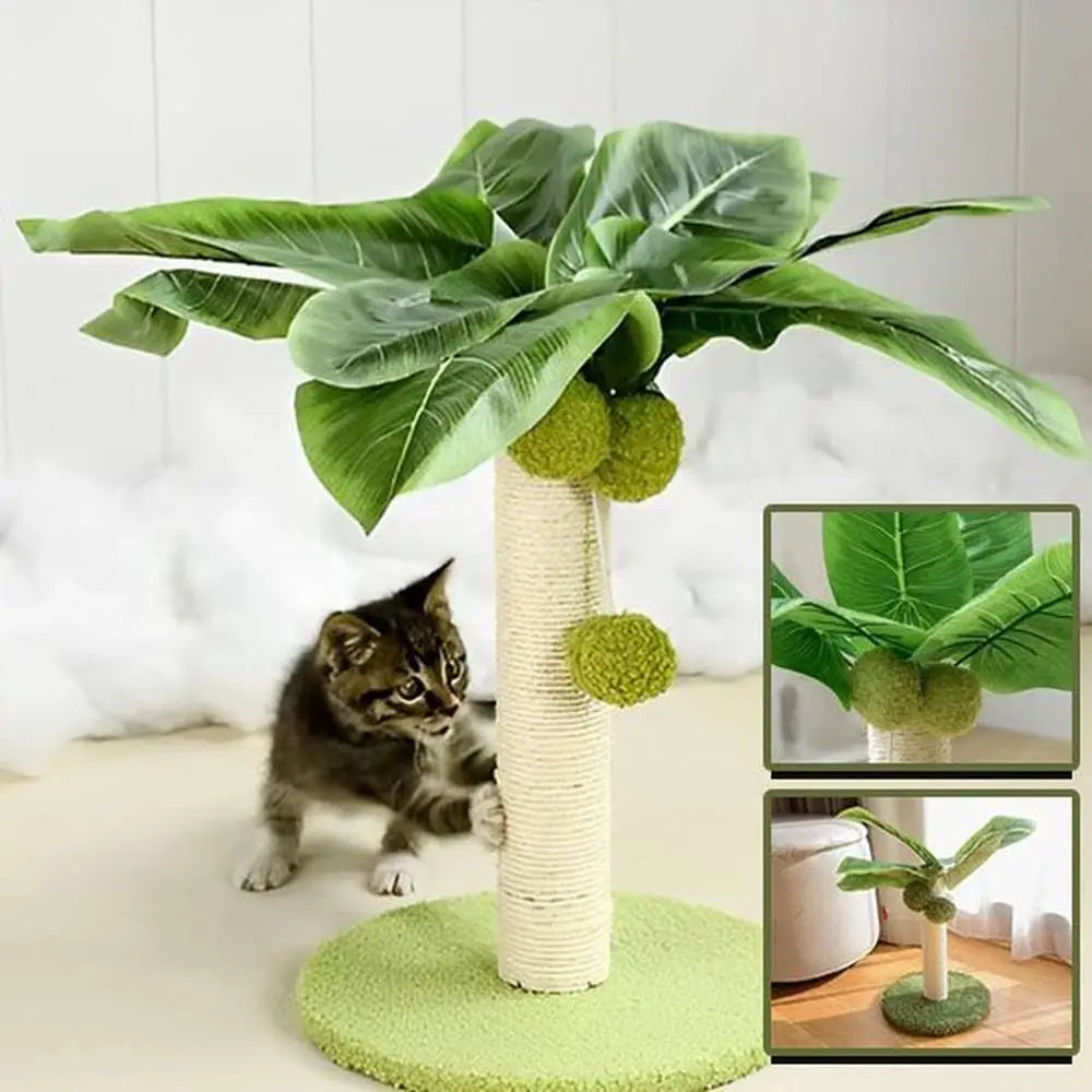 Griffoir pour chat FélinConfort : poteau beige, base ronde verte, feuilles vertes et boules
