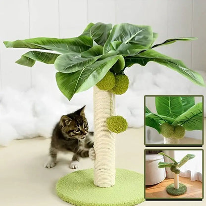 Griffoir pour chat FélinConfort : poteau beige, base ronde verte, feuilles vertes et boules